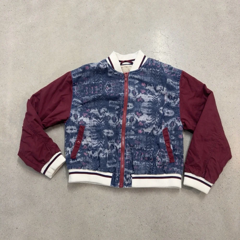 Free People Women's Bomber Jacket Varsity Dreams Linen Blend Ikat Print Sz Med